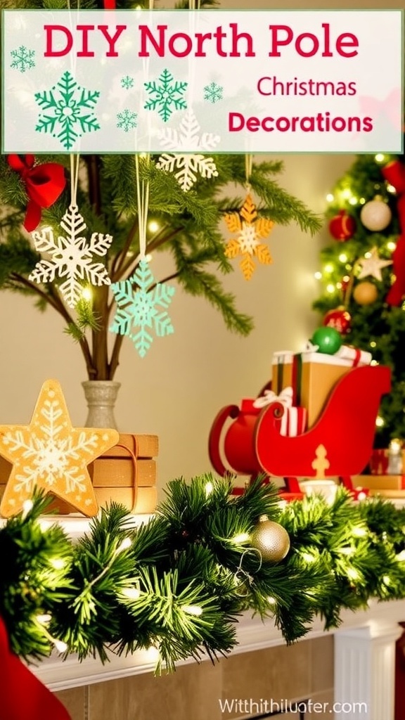 DIY North Pole Christmas decorations including snowflakes, sleigh, and garland.